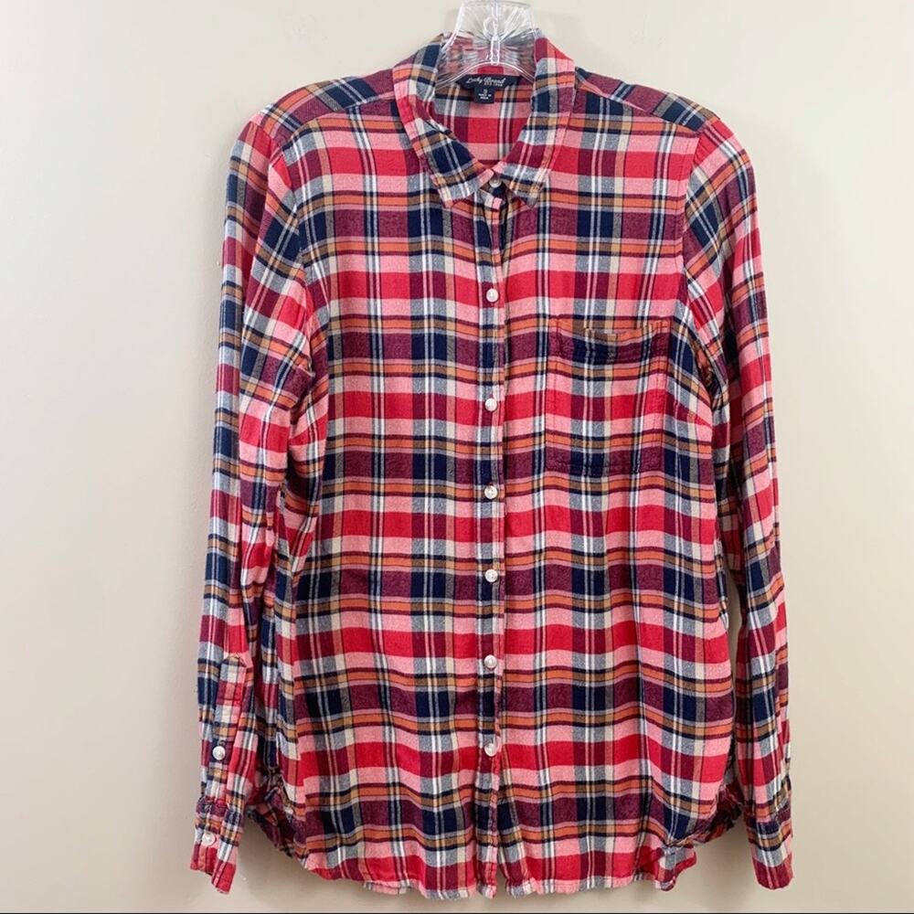 Lucky Brand Plaid Split Tail Button Down Red/Navy/White Flannel Top